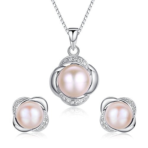 Product Cover Stunning Flawless Pearl Stud Earrings & Silver Chain Pendant Set| Impeccable Quality Natural, Flawless Freshwater Pearl & 925 Sterling Silver| The Most Unique Fashion Jewelry Set (2 | Pink Pearls)