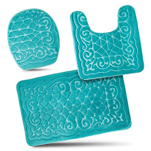 Product Cover  Bathroom Rug Mats Set 3 Piece - Memory Foam Extra Soft Shower Bath Rugs - Contour Mat and Lid Cover - Perfect Combination of Luxury and Comfort - Aqua Teal/Designs