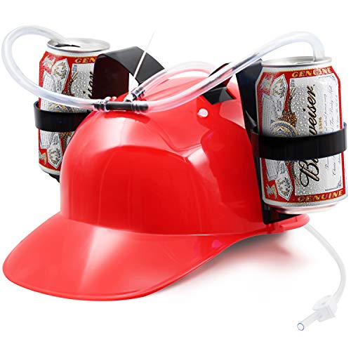 Product Cover [Novelty Place] Guzzler Drinking Helmet - Can Holder Drinker Hat Cap with Straw for Beer and Soda - Party Fun - Red