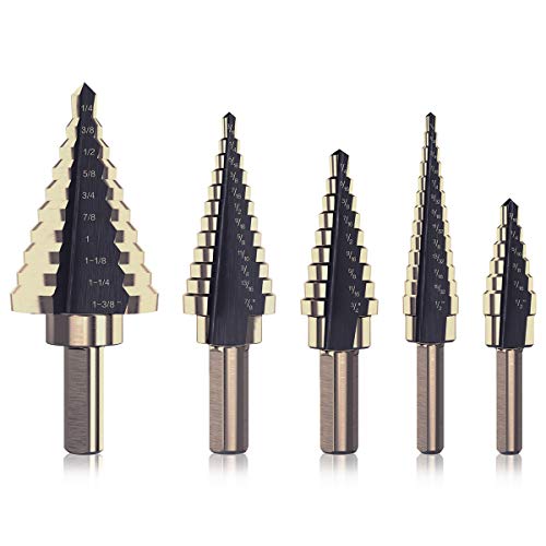 Product Cover HYCLAT 5pcs Titanium Step Drill Bit, Hss Cobalt Multiple Hole 50 Sizes, High-Speed Metal Steel Step Drill Bit Set with Aluminum Case or Canvas Packing