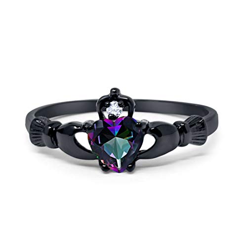 Product Cover Blue Apple Co. Claddagh Heart Promise Ring Rainbow Round Cubic Zirconia Black Plated 925 Sterling Silver