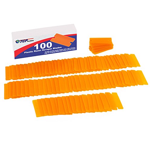 Product Cover TCP Global 100 Piece Plastic Razor Scraper Blades with Chisel Edge, Remove Decals, Stickers, Adhesive, Clean Glass