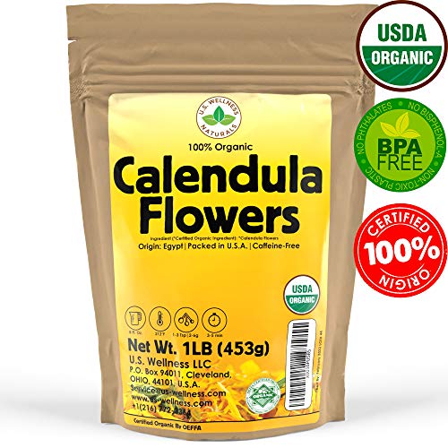 Product Cover Calendula Tea 1LB (16Oz) 100% CERTIFIED Organic Whole Flower Calendula Herbal Tea (Calendula Officinalis), Caffeine Free in 1 lbs. Bulk Resealable Kraft BPA free Bags from U.S. Wellness