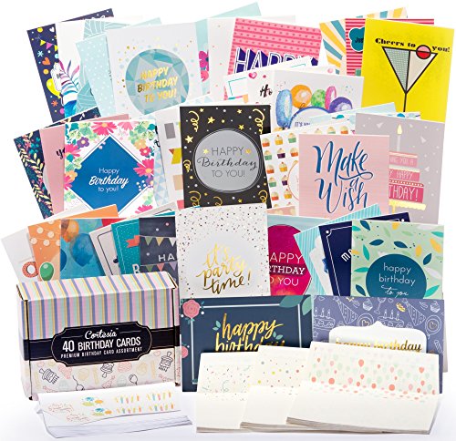Product Cover Happy Birthday Cards Bulk Premium Assortment - 40 UNIQUE DESIGNS, GOLD EMBELLISHMENTS, ENVELOPES WITH PATTERNS. The Ultimate Boxed Set of Bday Cards.