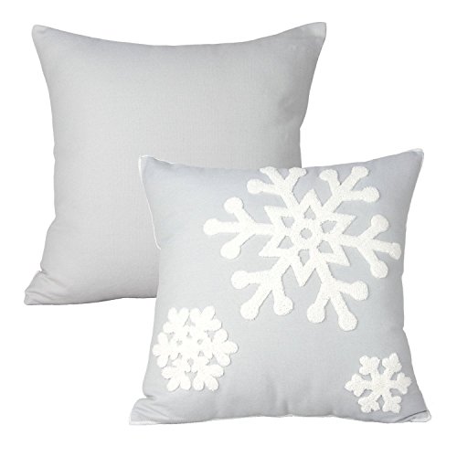 Product Cover Elife 18x18 Soft Canvas Christmas Winter Snowflake Style Cotton Linen Embroidery Throw Pillows Covers w/Invisible Zipper for Bed Sofa Cushion Pillowcases for Kids Bedding (1 Pair, White)