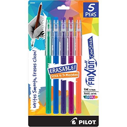 Product Cover PILOT FriXion ColorSticks Erasable Gel Ink Stick Pens, Fine Point, Kelly Green/Blue/Purple/Magenta/Salmon Pink Inks, 5-Pack (32443)