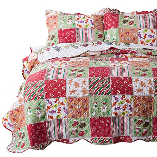 Product Cover Bedsure Christmas Quilt Set Full/Queen Size (90x96 inches) - Multicolor Printed Pattern - Soft Microfiber Lightweight Coverlet Bedspread for All Season - 3-Piece Bedding (1 Quilt + 2 Pillow Shams)