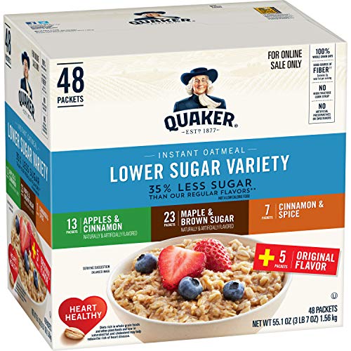Product Cover Quaker Instant Oatmeal, Lower Sugar, 4 Flavor Variety Pack, Individual Packets, 48 Count