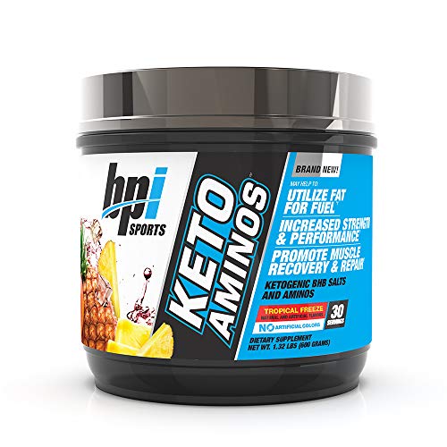 Product Cover BPI Sports Keto Aminos - 7g Essential Amino Acid Powder - BHB Salts, MCTs - Burn Fat for Fuel, Muscle Growth, Recovery, Strength - Men & Women - Tropical Freeze - 30 Servings - 1.32 lb