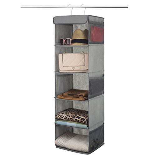 Product Cover Zober 5 Shelf Hanging Closet Organizer Space Saver, Roomy Breathable Hanging Shelves With (6) Side Accessories Pockets, And 2 Sturdy Hooks, For Clothes Storage, And Shoes, Etc. 12 x 11 ½ x 42 In, Gray