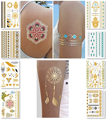 Product Cover Metallic Temporary Tattoos for Women Teens Girls - 8 Sheets Gold Silver Temporary Tattoos Glitter Shimmer Designs Jewelry Tattoos - 100+ Color Flash Fake Waterproof Tattoo Stickers (Caicos)