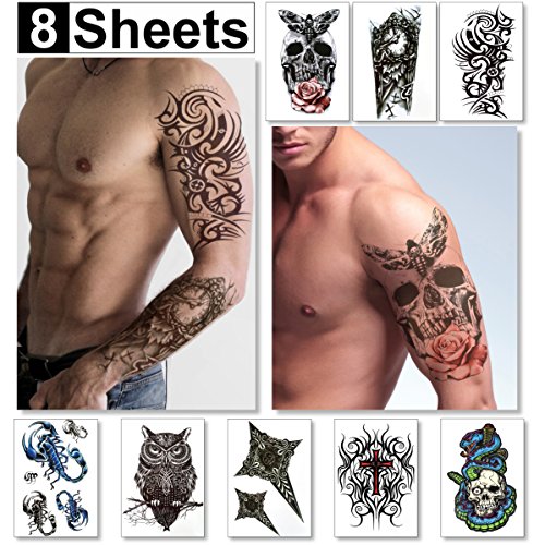 Product Cover Temporary Tattoos for Men Guys & Teens Fake Tattoo Stickers (8 Large Sheets) Tattoos for Boys Biker Tattoos Rocker Transfers for Arms Shoulders Chest & Back - Body Art Tattoo Sticker Waterproof Black
