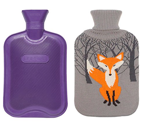 Product Cover Premium Classic Rubber Hot Water Bottle w/Cute Knit Cover (2 Liter, Purple/Gray with Fox)