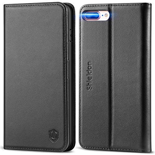 Product Cover SHIELDON Genuine Leather iPhone 8 Plus Wallet Case Book Flip Cover and [Credit Card Slot] Magnetic Closure Compatible with iPhone 8 Plus / 7 Plus - Black