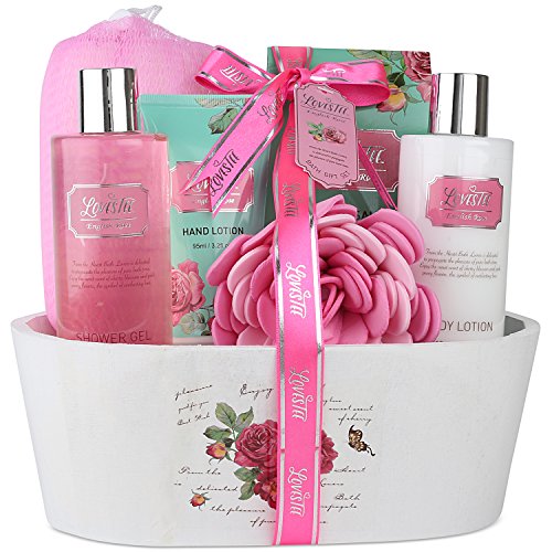 Product Cover Relaxing Bath Spa Kit For Men, Women and Teens, Gift Set Bath And Body Works- Natural English Rose Aromatherapy Spa Gift Basket Includes Shower Gel, Bubble Bath, Body Lotion, Bath Salt, Sponge