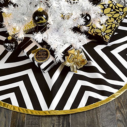 Product Cover C.R. Gibson Festive Christmas Tree Skirt, 48-Inch, Star Stripe, Black White & Gold