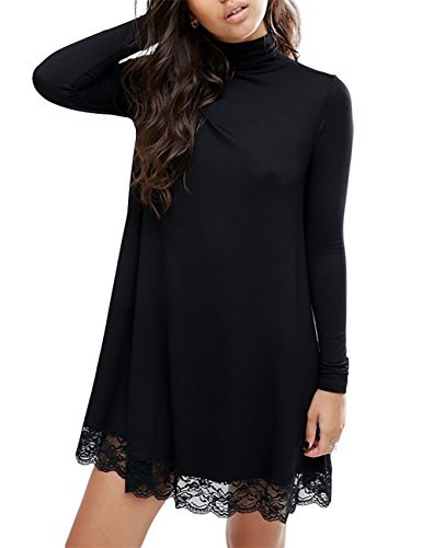 Product Cover Leadingstar Women's Basic Turtleneck Long Sleeve Cotton Lace Dress (Black, L)