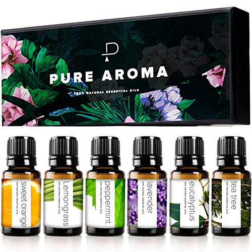 Product Cover Essential oils by PURE AROMA 100% Pure Therapeutic Grade Oils kit- Top 6 Aromatherapy Oils Gift Set-6 Pack, 10ML(Eucalyptus, Lavender, Lemon grass, Orange, Peppermint, Tea Tree)