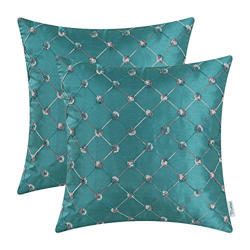 Product Cover CaliTime Pack of 2 Cushion Covers Throw Pillow Cases Shells for Sofa Couch Home Decoration 18 X 18 Inches Modern Diamonds Shape Geometric Chain Embroidered Teal