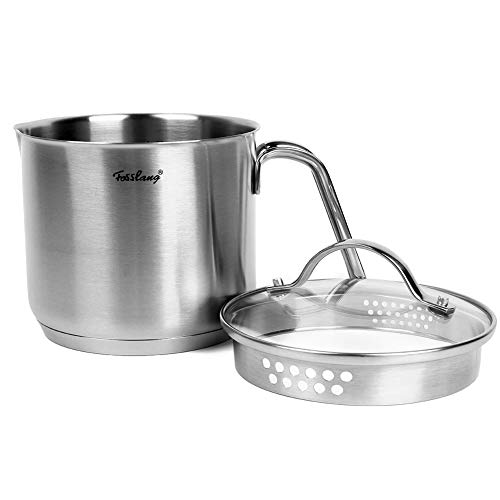Product Cover 1.5 Quart Stainless Steel Saucepan With Pour Spout, Fosslang Saucepan with Glass Lid, 6 Cups Burner Pot With Spout - for Boiling Milk, Sauce, Gravies, Pasta, Noodles