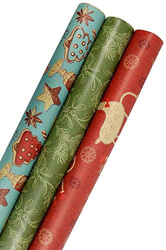 Product Cover K-Kraft Vintage Prints Christmas Kraft Wrapping Paper Sets - 112.5 Square feet per Set (Mistletoe-Reindeer-SodaShoppe)