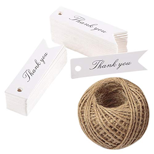 Product Cover Thank You Tags,Gift Tags,100PCS Paper Tags with 100 Feet Jute Twine,Kraft Tags for DIY Crafts,Wedding,Christmas,Thanksgiving (White)