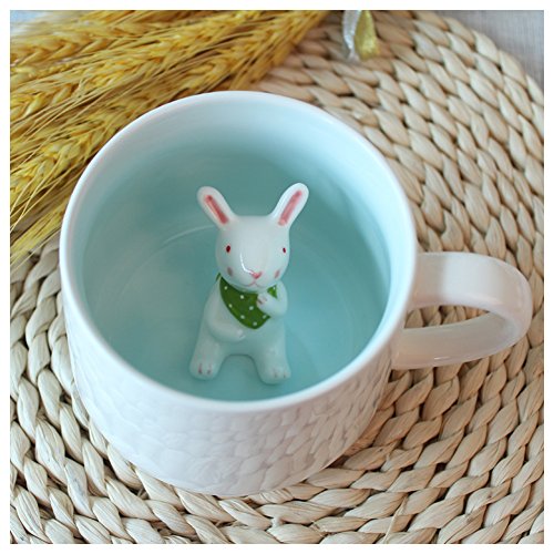 Product Cover 3D Cute Cartoon Miniature Animal Figurine Ceramics Coffee Cup - Baby Rabbit Inside, Best Office Cup & Birthday Gift (Rabbit)