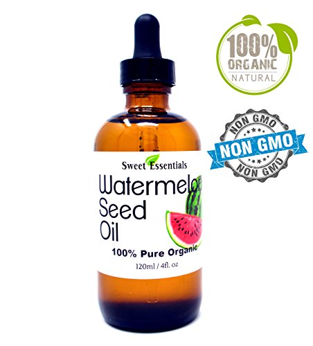 Product Cover 100% Organic Watermelon Seed Oil | Imported From Egypt | Various Sizes | 100% Pure | Cold-Pressed | Natural Moisturizer for Skin, Hair and Face | By Sweet Essentials (4 fl oz Glass Bottle)