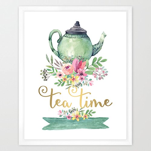 Product Cover Eleville 8X10 Tea time Real Gold Foil and Floral Watercolor Art Print (Unframed) Kitchen Art Home Decor Motivational Art Inspirational Print Birthday Wedding Gift Quote Print WG004