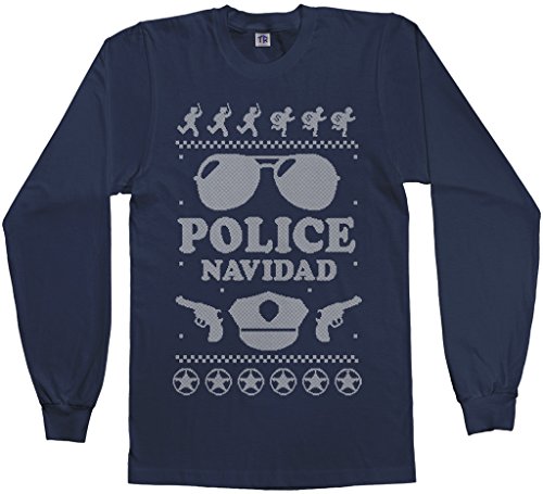 Product Cover Threadrock Men's Police Navidad (Ugly Sweater) Long Sleeve T-shirt L Navy