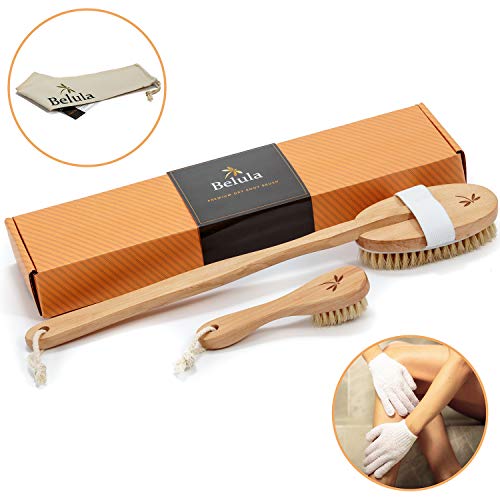 Product Cover Premium Dry Brushing Body Brush Set- Natural Boar Bristle Body Brush, Exfoliating Face Brush & One Pair Bath & Shower Gloves. Free Bag & How To - Great Gift For A Glowing Skin & Healthy Body