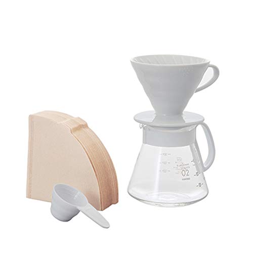 Product Cover Hario V60 Size 02 Pour Over Set with Ceramic Dripper, Glass Server, Scoop and Filters, White