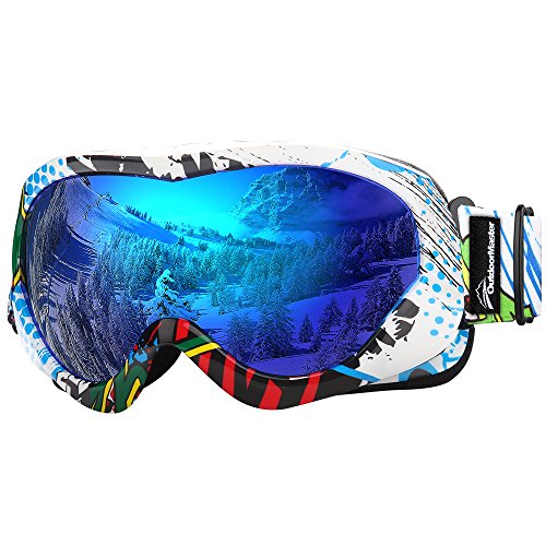 Product Cover OutdoorMaster Kids Ski Goggles - Helmet Compatible Snow Goggles for Boys & Girls with 100% UV Protection (Color pattern Frame + VLT 15% Grey Lens with Full REVO Blue)