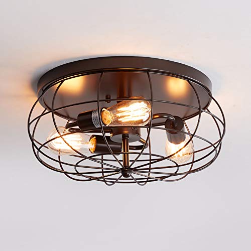 Product Cover Oil Rubbed Bronze Flush Mount Ceiling Light 3-Light Industrial Metal Cage Ceiling Lighting Fxiture