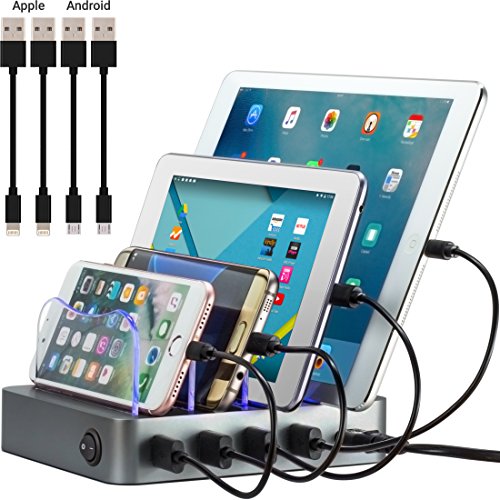 Product Cover Simicore Smart Charging Station Dock & Organizer for Smartphones, Tablets & Other Gadgets - 4-Port Compact Multiple USB Charger & Phone Docking Station with Charging Status Indicator (Space Gray)