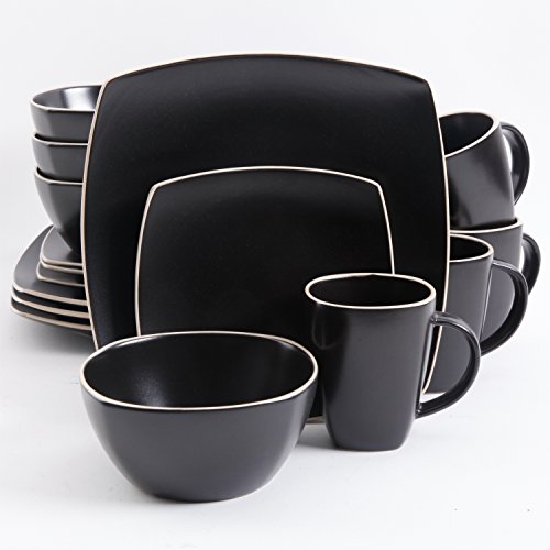 Product Cover Gibson Home 102261.16RM Soho Lounge Square 16-Piece Dinnerware Set Service of 4, Stoneware, Black Matte