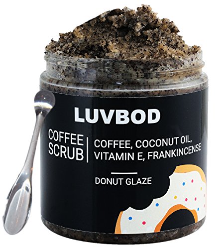 Product Cover LUVBOD Luxury Coffee Scrub - Donut Glaze - w/Scoop - 12oz - Best Arabica Coffee Body Scrub Exfoliator for Cellulite, Acne, Stretch Marks, Eczema. Coconut Oil, Vitamin E, Frankincense