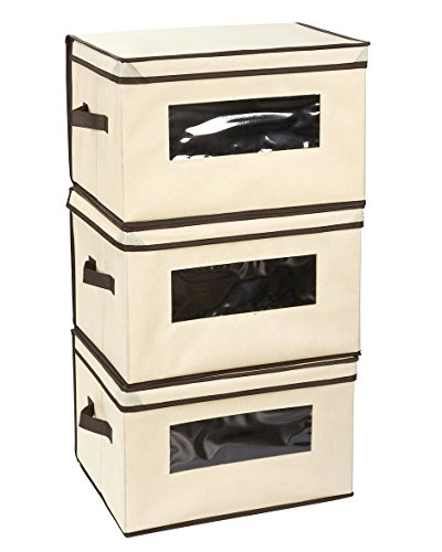 Product Cover Juvale Set of 3 Foldable Storage Boxes with Lid - Storage Containers, Clothing Storage Bins for Clothes, Documents, Household Items - Beige, Large, 15.75 x 12 x 10.25 Inches