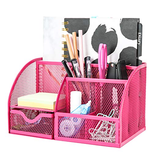 Product Cover Exerz Mesh Desk Organizer Office with 6 Compartments + Drawer/Desk Tidy Candy/Pen Holder/Multifunctional Organizer EX348 Pink