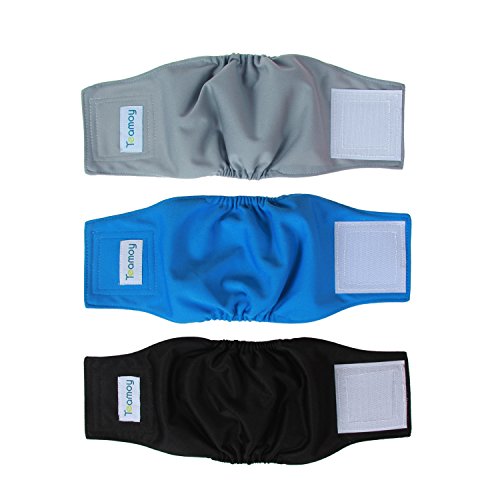 Product Cover Teamoy Reusable Wrap Diapers for Male Dogs, Washable Puppy Belly Band Pack of 3 (XS, 7''-9''Waist, Black+ Gray+ Lake Blue)