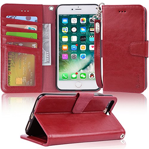 Product Cover Arae Case for iPhone 7 Plus/iPhone 8 Plus, Premium PU Leather Wallet Case with Kickstand and Flip Cover for iPhone 7 Plus (2016) / iPhone 8 Plus (2017) 5.5 inch - Wine red