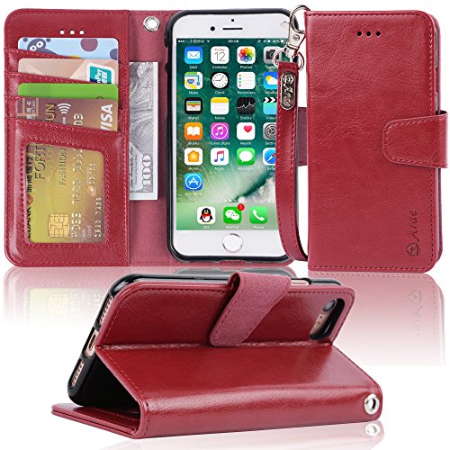 Product Cover Arae Case for iPhone 7 / iPhone 8, Premium PU Leather Wallet Case with Kickstand and Flip Cover for iPhone 7 (2016) / iPhone 8 (2017) 4.7 inch (not for iPhone 7/8 Plus) - Wine red