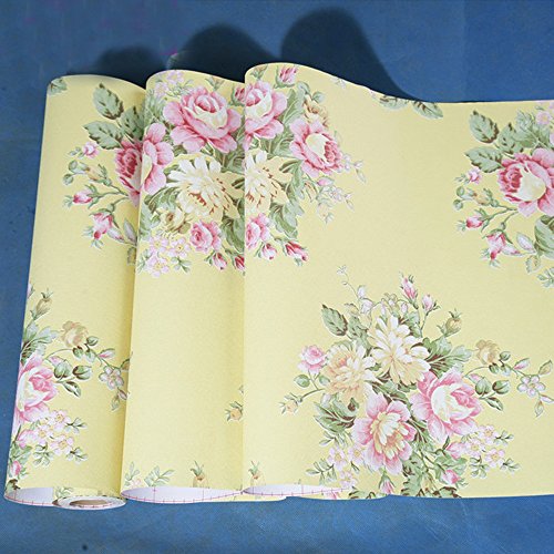 Product Cover Yifely Retro Peony Floral Contact Paper Yellow Peel & Stick Shelf Liner Dresser Drawer Sticker 17.7 Inch by 9.8 Feet