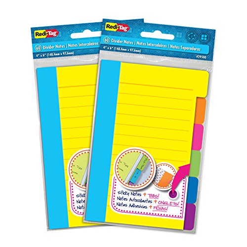 Product Cover Redi-Tag Divider Sticky Notes, Tabbed Self-Stick Lined Note Pad, 60 Ruled Notes per Pack, 4 x 6 Inches, Assorted Neon Colors, 2 Pack (10290)