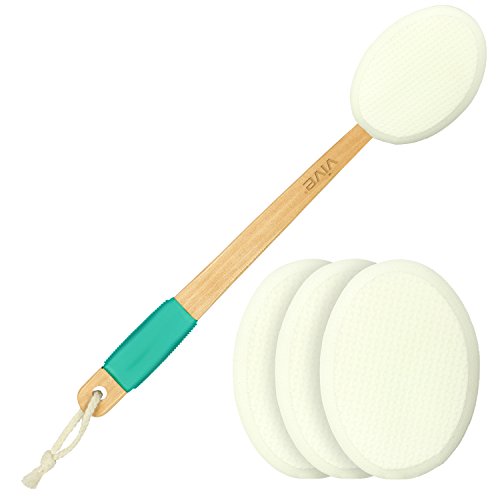 Product Cover Vive Lotion Applicator for Your Back (4 Pads) - Long Reach Handle with Sponge for Easy Self Application of Shower Bath Body Wash Brush, Skin Cream, Suntan, Tanning, Aloe - Men, Women