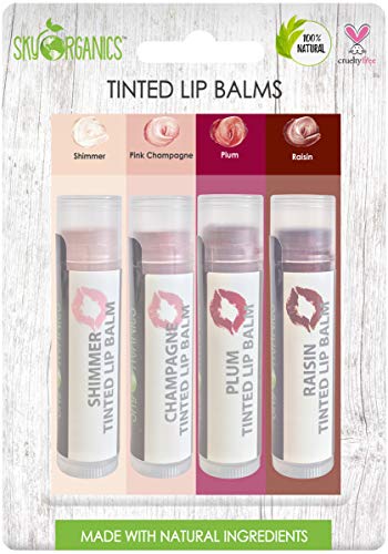 Product Cover Organic Tinted Lip Balm by Sky Organics - 4 Pack Assorted Colors -- with Beeswax, Coconut Oil, Cocoa Butter, Vitamin E- Minty Lip Plumper for Dry, Chapped Lips- Tinted Lip Moisturizer. Made in USA