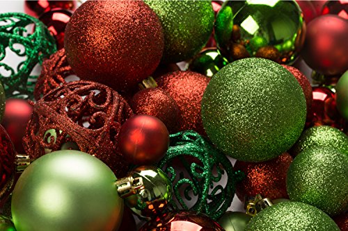 Product Cover R N' D Toys 100 Red and Green Christmas Ornament Balls Shatterproof + 100 Metal Ornament Hooks, Hanging Ornaments for Indoor/Oudoor Christmas Tree, Holiday Party, Home Decor