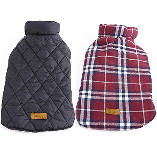 Product Cover Kuoser Cozy Waterproof Windproof Reversible British Style Plaid Dog Vest Winter Coat Warm Dog Apparel for Cold Weather Dog Jacket for Small Medium Large Dogs with Furry Collar (XS - 3XL),Red M