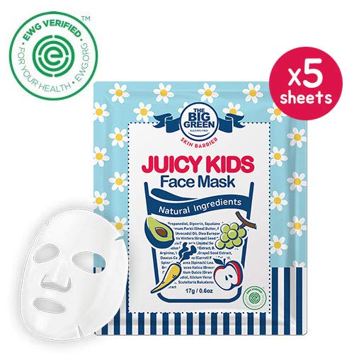 Product Cover BIGGREEN Natural Juicy Kids Face Mask Sheet - Big Green EWG VERIFIED, Soothing, Healing-Moisturizing, Calming, Ecocert Certified Squalane, Vitamins & Mineral 5 Sheets Face Mask Set