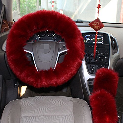 Product Cover 1 Set 3 Pcs Steering Wheel Cover Faux Wool Hand Brake Set Warm Winter (Wine Red)